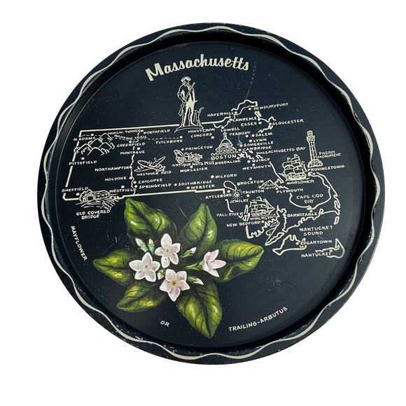 Vintage Massachusetts Souvenir Round Metal Serving Tray 11 Inch Mid Century - Picture 1 of 4